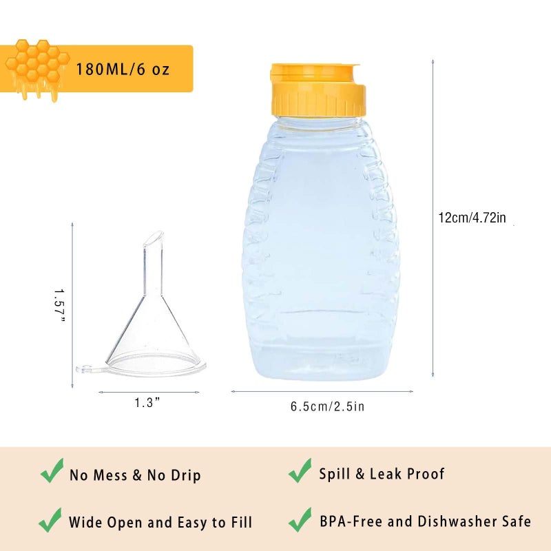 THYULIFE 2 Pack Empty Plastic Honey Bottles with Funnel, 180ml Squeeze Honey Jars Leakproof Honey Dispenser No Drip Lids Condiment Container for Ketchup Mustard Salad Dressing Sauce Syrup Oil Epoxy, BPA Free - Image 2