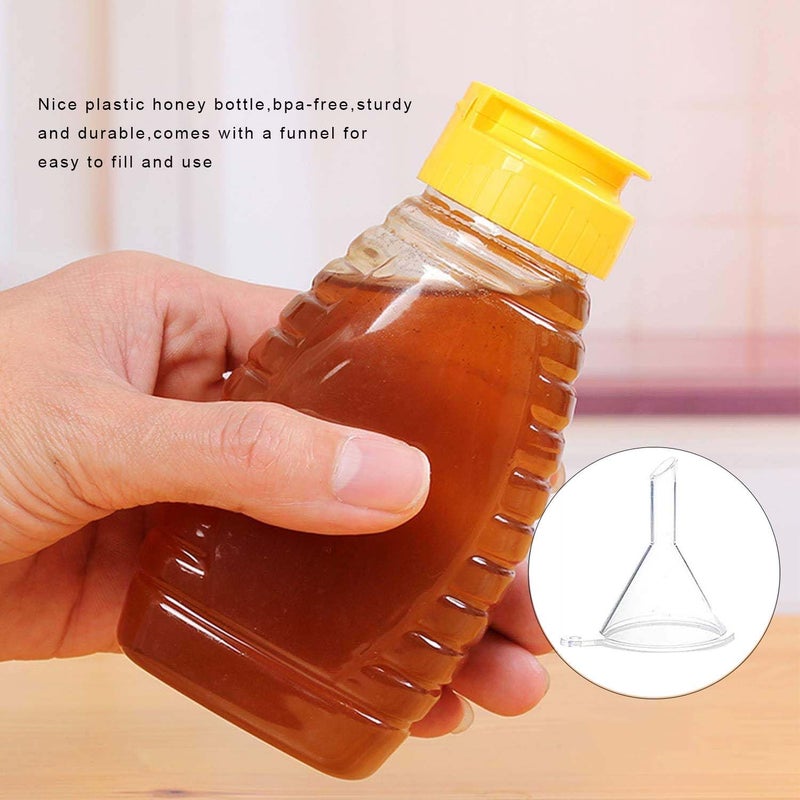 THYULIFE 2 Pack Empty Plastic Honey Bottles with Funnel, 180ml Squeeze Honey Jars Leakproof Honey Dispenser No Drip Lids Condiment Container for Ketchup Mustard Salad Dressing Sauce Syrup Oil Epoxy, BPA Free - Image 5