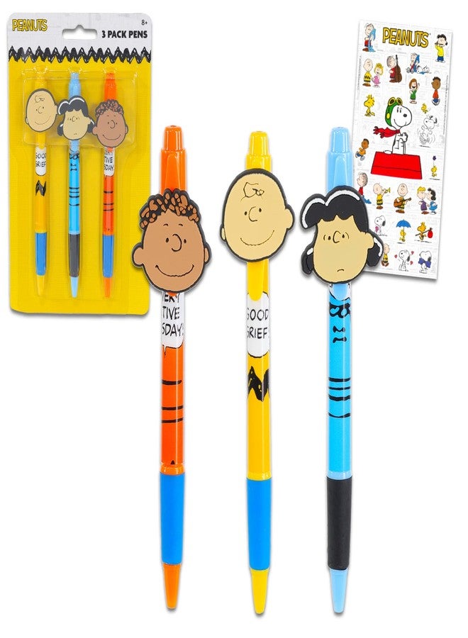 Peanuts Pens Gift Set - Bundle with 3 Charlie Brown Pens with Clip Plus Stickers | Peanuts Office Desk Supplies - Image 1