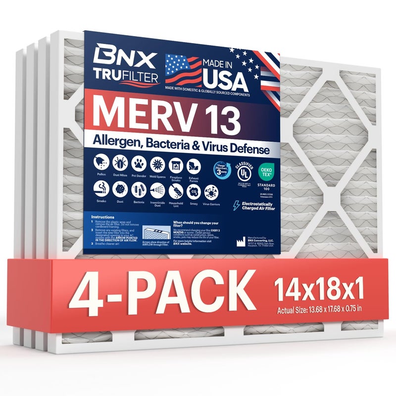 BNX TruFilter 14x18x1 MERV 13 (4-Pack) AC Furnace Air Filter - MADE IN USA - Electrostatic Pleated Air Conditioner HVAC AC Furnace Filters - Removes Pollen, Mold, Bacteria, Smoke - Image 1