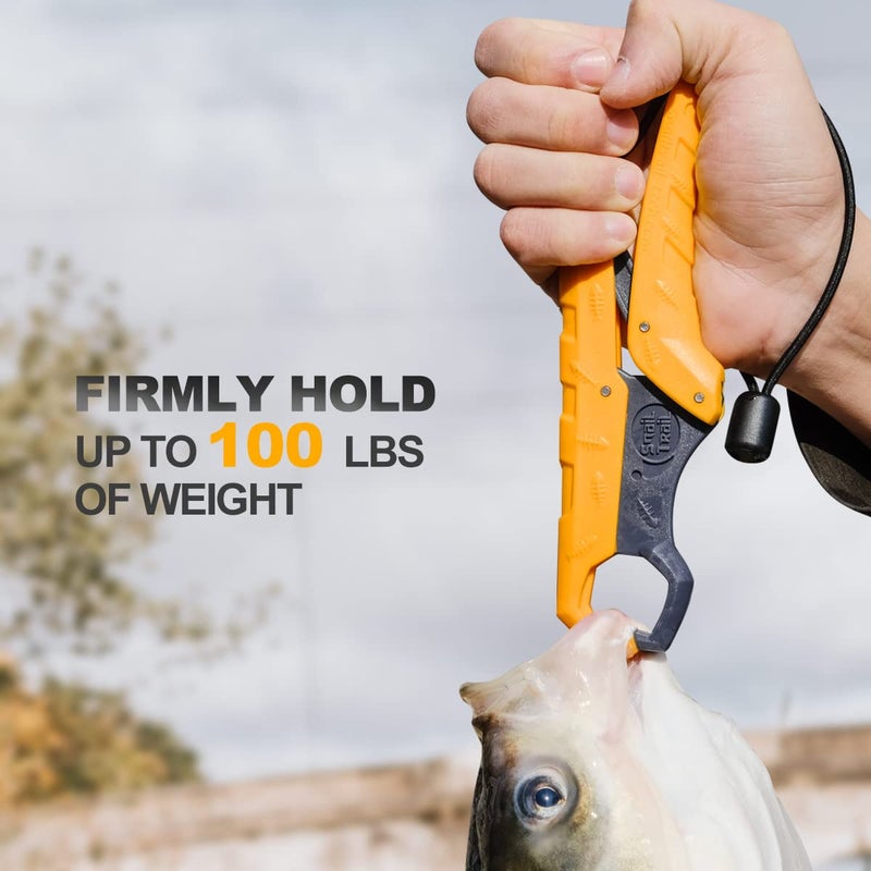 SNAIL TRAIL 7.5''/9'' Floating Fish Gripper, Fishing Grabber, Catfish Mouth Pliers, Caught Bass Holder, Digital Scale Hook Clamp, Saltwater Lip Grip Tool with Lanyard, Gifts for Men, Yellow-Gray - Image 3