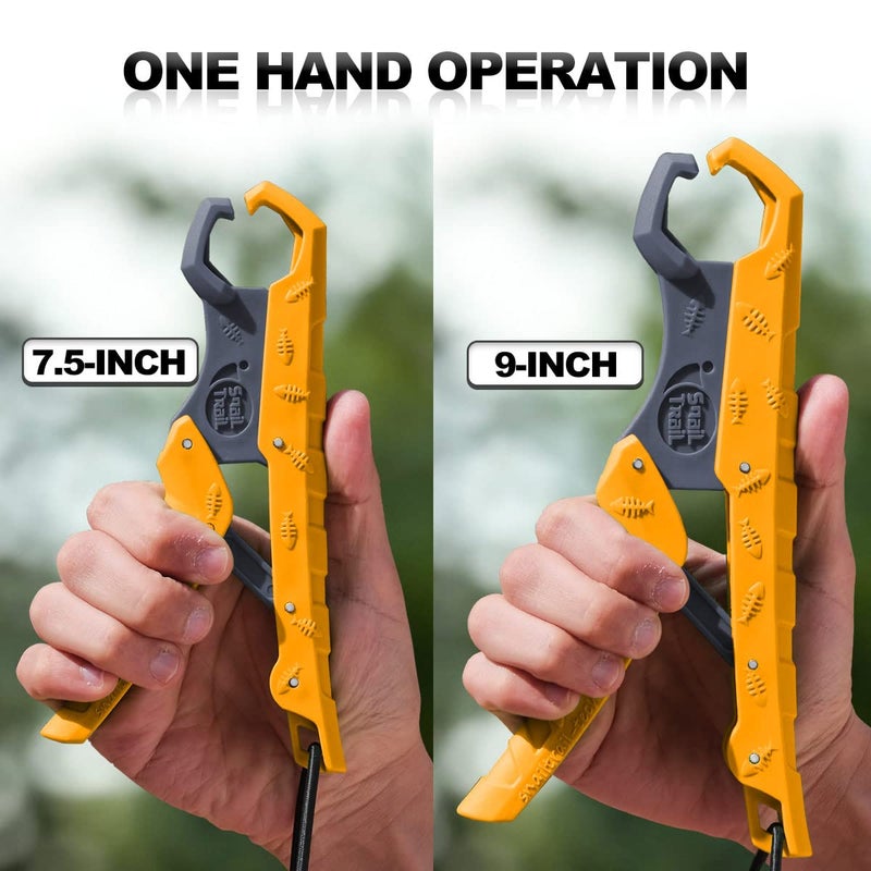SNAIL TRAIL 7.5''/9'' Floating Fish Gripper, Fishing Grabber, Catfish Mouth Pliers, Caught Bass Holder, Digital Scale Hook Clamp, Saltwater Lip Grip Tool with Lanyard, Gifts for Men, Yellow-Gray - Image 4