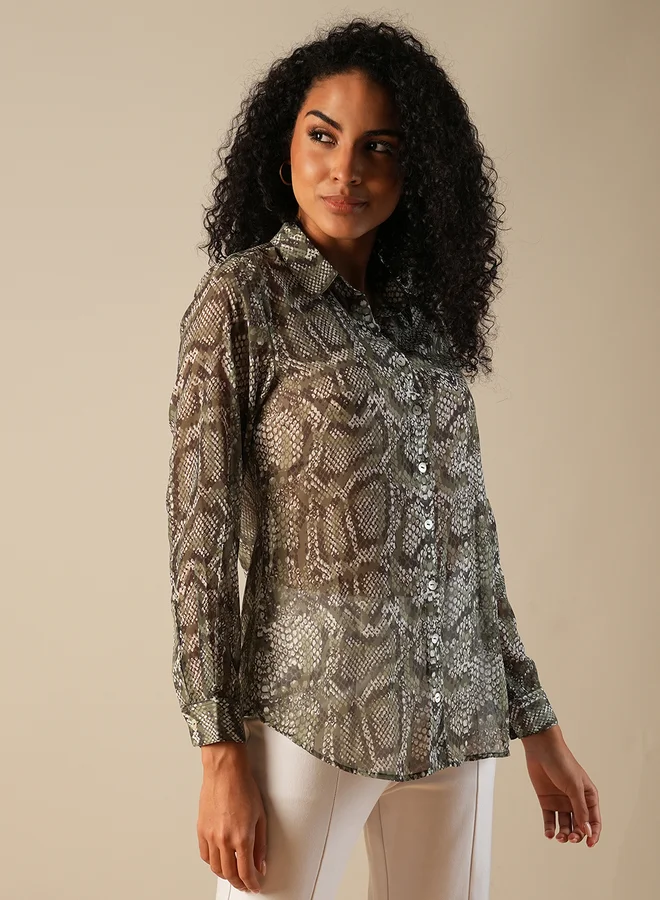 globus Globus Green Animal Print Georgette Workwear Shirt