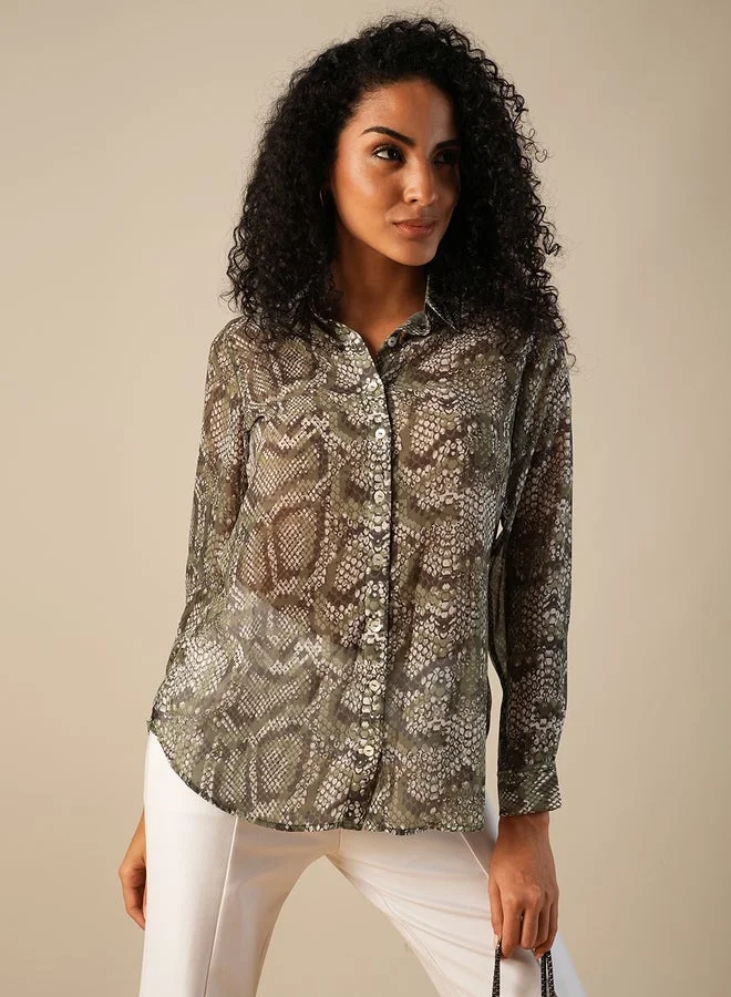 globus Globus Green Animal Print Georgette Workwear Shirt