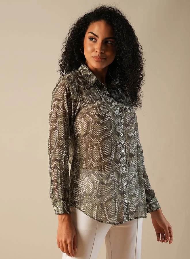 globus Globus Green Animal Print Georgette Workwear Shirt