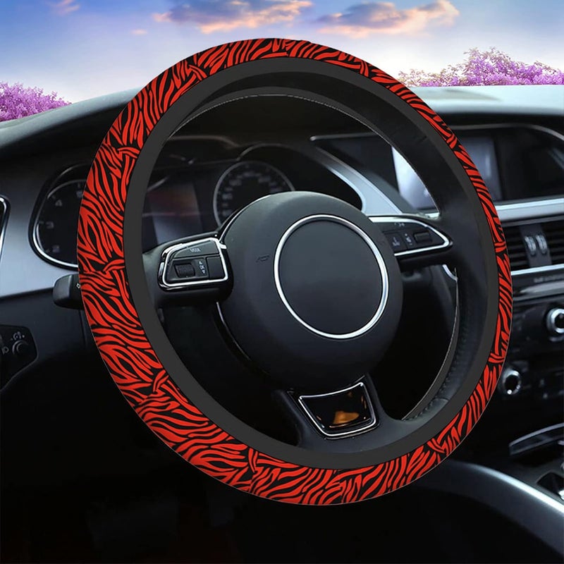 Swono Zebra Print Red Universal Neoprene Steering Wheel Cover Abstract Red and Black Zebra Print Red 15 Inch Steering Wheel Covers,Printed Steering Wheel Elastic Protection for Women and Girls - Image 1