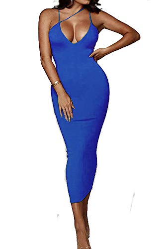 PRIMODA Women's Sexy Neon Asymmetrical Spaghetti Strap Dress Deep V-Neck Sleeveless Bodycon Midi Club Dress (Blue,M) - Image 4