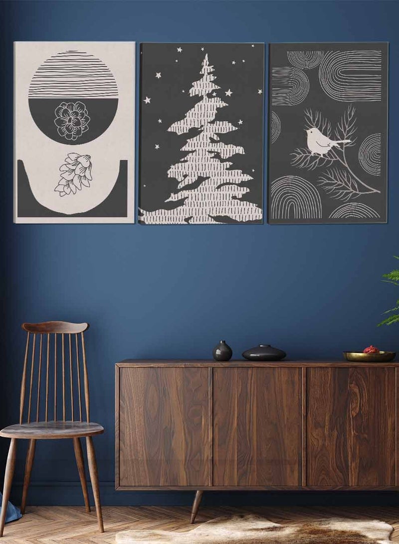 لوحة طقم من ٣ لوحات كانفاس على إطار خشبي تصميم طائر الصنوبر وزهور للمنزل غرفة المعيشة المكتب الديكور - Image 2