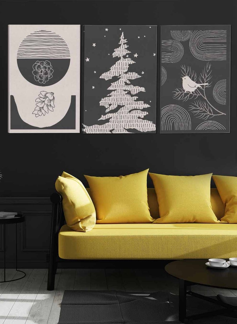 لوحة طقم من ٣ لوحات كانفاس على إطار خشبي تصميم طائر الصنوبر وزهور للمنزل غرفة المعيشة المكتب الديكور - Image 3