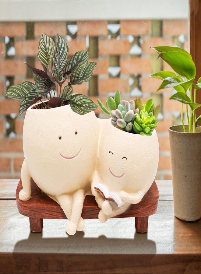 LAUGOKOBE Smily Face Planter Pot for Plants, Cute Double Head Planters for Indoor Outdoor Plants, Modern Lady Head Vase Girl Face Planter, Unique Succulent Pots with Drainage Hole (Khaki) - Image 2