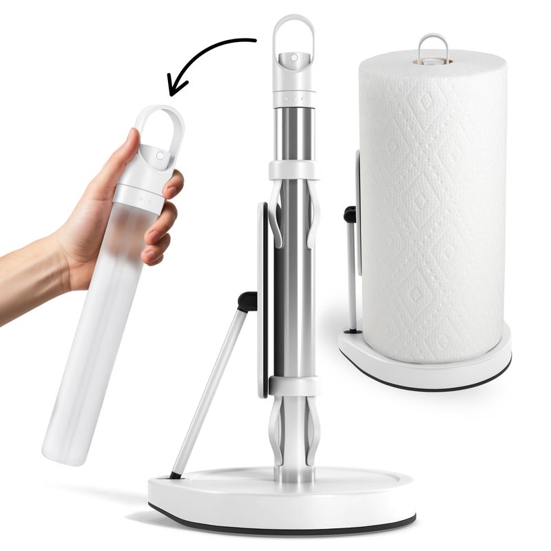 Dear Household Stainless Steel Paper Towel Holder with Tension Arm and Spray Pump â€“ One-Handed Tear, Smart Traction System, Heavy Duty Suction Cups, Weighted Base, Kitchen Towel Dispenser for Countertop Use (White) - Image 1