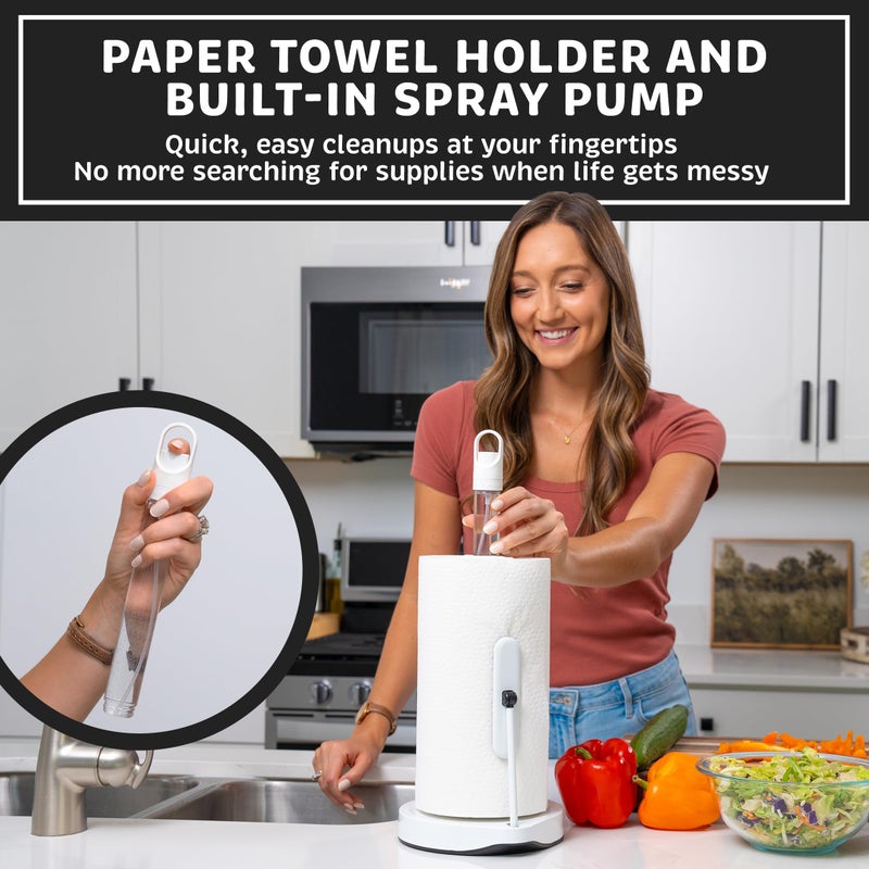 Dear Household Stainless Steel Paper Towel Holder with Tension Arm and Spray Pump â€“ One-Handed Tear, Smart Traction System, Heavy Duty Suction Cups, Weighted Base, Kitchen Towel Dispenser for Countertop Use (White) - Image 2