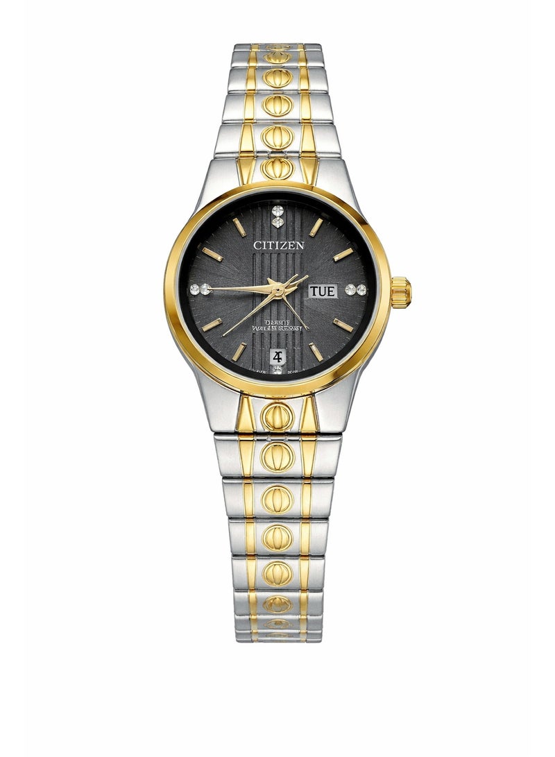 Citizen Style Women's Analog Watch – Black Dial with Two-Tone Stainless Steel Strap (Silver/Gold)