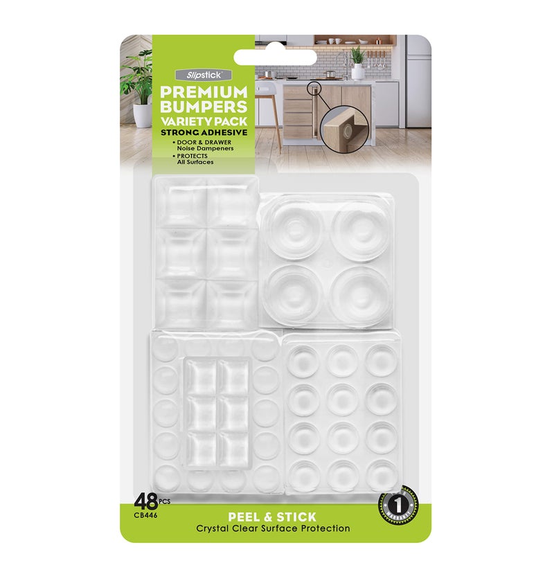 Slipstick Premium Adhesive Clear Bumper Pads 48 Piece Variety Pack, Round and Square Rubber Feet for Electronics, Cutting Boards, Cabinet Stoppers, Drawers, Furniture, Noise Damper Surface Protectors - Image 1
