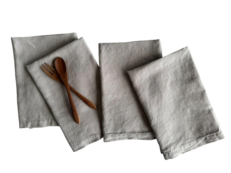 Linen Napkins 100 French Flax Stonewashed Pure Linen Cloth Napkins Mitered Corners Set of 4 Light Gray