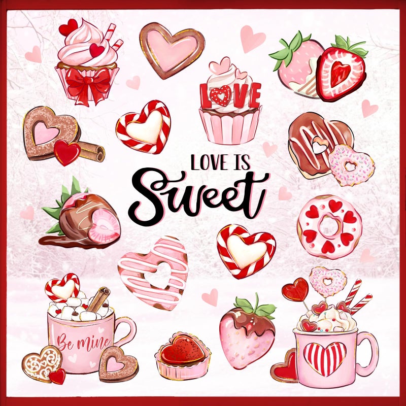Mfault Valentines Day Dessert Window Clings 4 Sheets, Love is Sweet Cupcake Donuts Hot Chocolate Hearts Stickers Decals Decorations, Strawberry Anniversary Wedding Home Kitchen Decor Party Supplies - Image 1