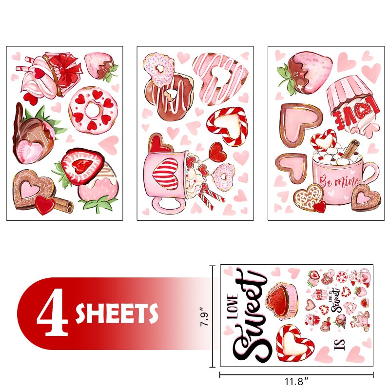 Mfault Valentines Day Dessert Window Clings 4 Sheets, Love is Sweet Cupcake Donuts Hot Chocolate Hearts Stickers Decals Decorations, Strawberry Anniversary Wedding Home Kitchen Decor Party Supplies - Image 2