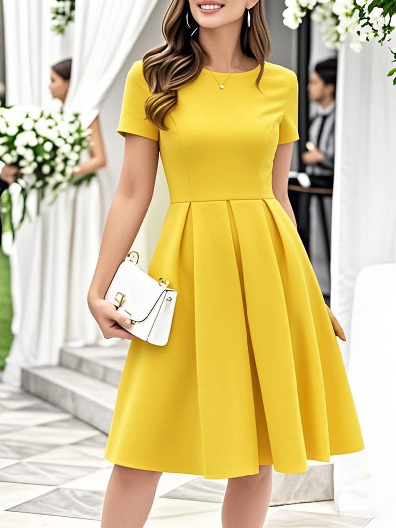 oxiuly Summer Dresses for Women 2025 Elegant Modest Fit and Flare Swing Sunday Vacation Holiday Hepburn Style Party Cocktail Church Wedding Dress S253 Light Yellow M - Image 2