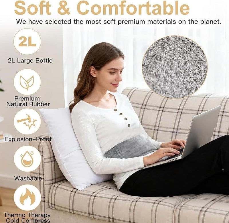 Dark Gray Long Hot Water Bottle 2000ml Zipper Hand Feet Warmer for Body Camping Bed Car - Image 5