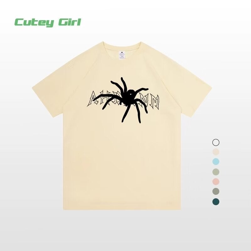 Heavy Cotton Spider Letter Printed Short-Sleeved T-Shirt For Men And Women American Style Retro High Street Korean-Fashion Brand Loose T-Shirt Top - Image 1