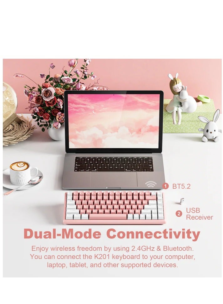 لوحة مفاتيح ميكانيكية هجينة للألعاب K201 بنسبة 80% - مفتاح بني - 3 أوضاع بلوتوث، لاسلكية وسلكية (وردي أبيض) - Image 3