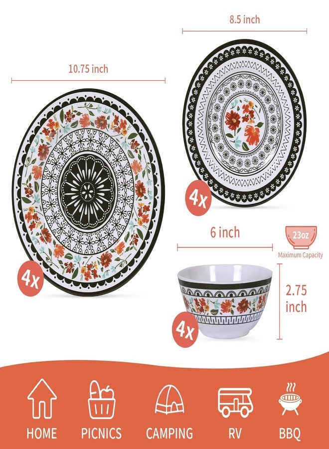 Gofunfun 12-Piece Melamine Dinnerware Sets, Unbreakable Dinnerware for Indoor and Outdoor Use, Dishwasher Safe, Lightweight Dinner Service for 4, Black and White - Image 2