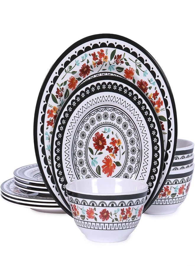 Gofunfun 12-Piece Melamine Dinnerware Sets, Unbreakable Dinnerware for Indoor and Outdoor Use, Dishwasher Safe, Lightweight Dinner Service for 4, Black and White - Image 1