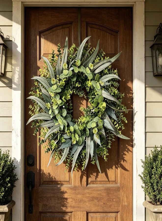 Elecxlink 24 Inch Eucalyptus Wreath for Front Door, Spring Summer Door Wreath with Green Eucalyptus & Foliage for Indoor Outdoor Farmhouse Wall Window Porch Home Decor - Image 1