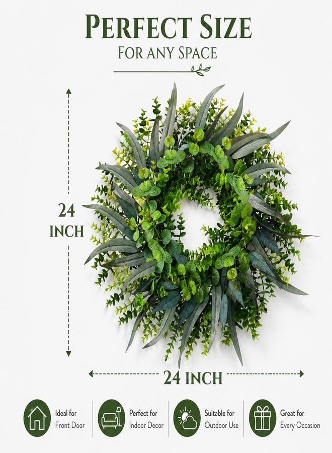 Elecxlink 24 Inch Eucalyptus Wreath for Front Door, Spring Summer Door Wreath with Green Eucalyptus & Foliage for Indoor Outdoor Farmhouse Wall Window Porch Home Decor - Image 2