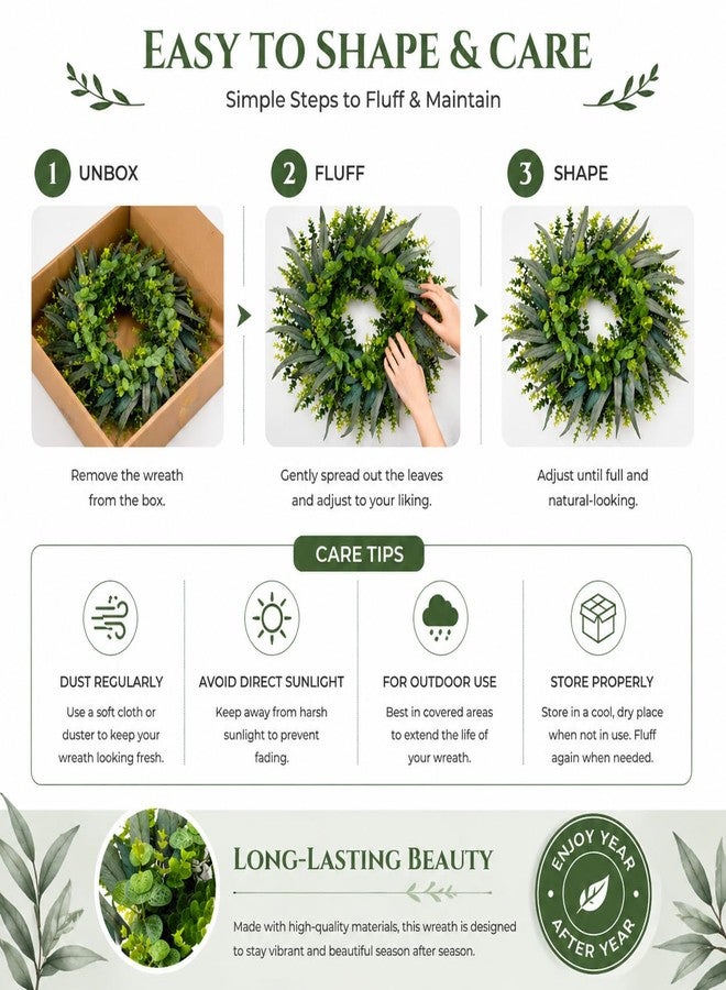 Elecxlink 24 Inch Eucalyptus Wreath for Front Door, Spring Summer Door Wreath with Green Eucalyptus & Foliage for Indoor Outdoor Farmhouse Wall Window Porch Home Decor - Image 3