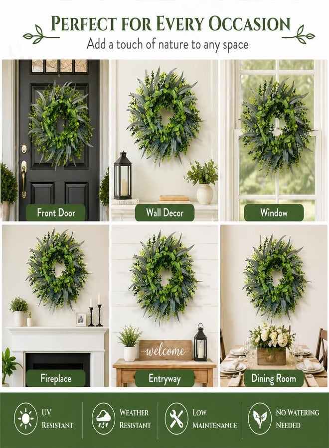 Elecxlink 24 Inch Eucalyptus Wreath for Front Door, Spring Summer Door Wreath with Green Eucalyptus & Foliage for Indoor Outdoor Farmhouse Wall Window Porch Home Decor - Image 4