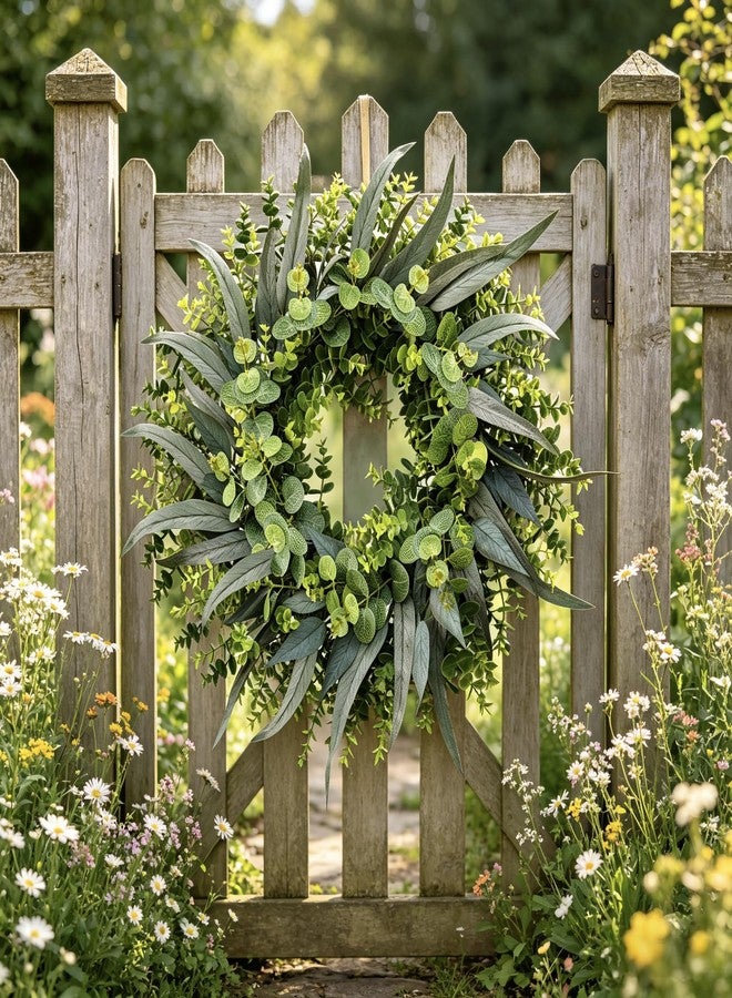 Elecxlink 24 Inch Eucalyptus Wreath for Front Door, Spring Summer Door Wreath with Green Eucalyptus & Foliage for Indoor Outdoor Farmhouse Wall Window Porch Home Decor - Image 5