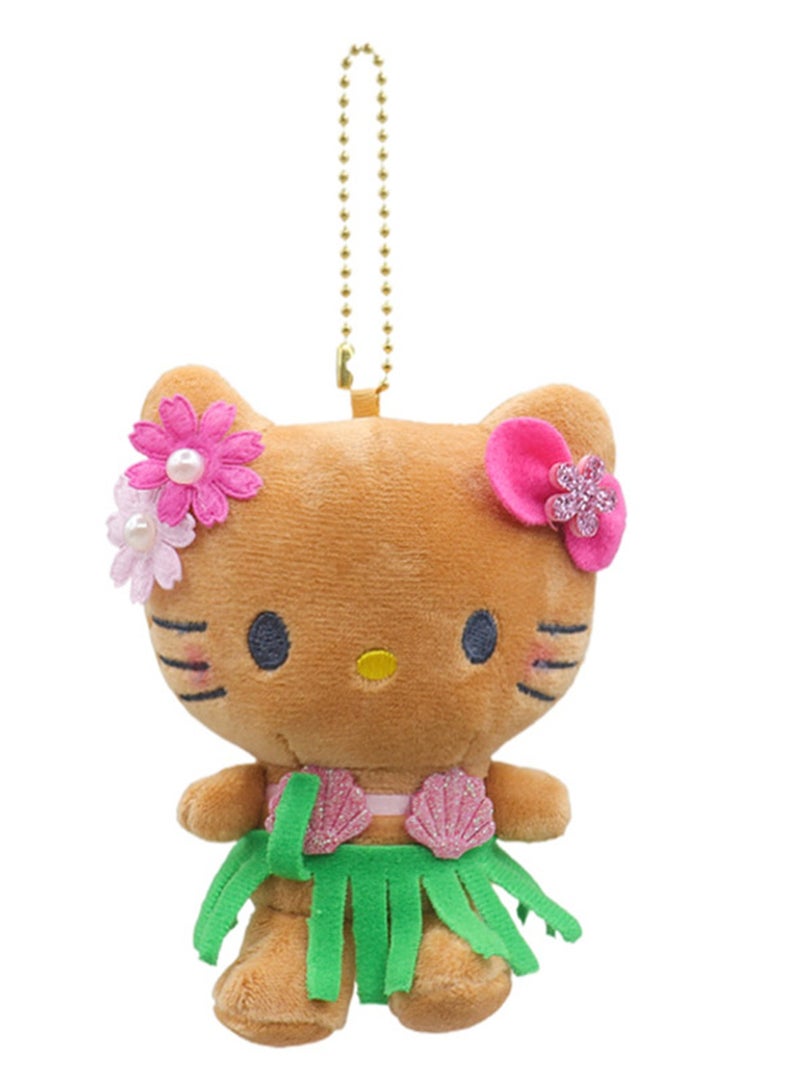 12cm Cute Hawaiian Grass Skirt Black Leather KT Cat Plush Toy Doll Backpack Key Pendant  - Image 1