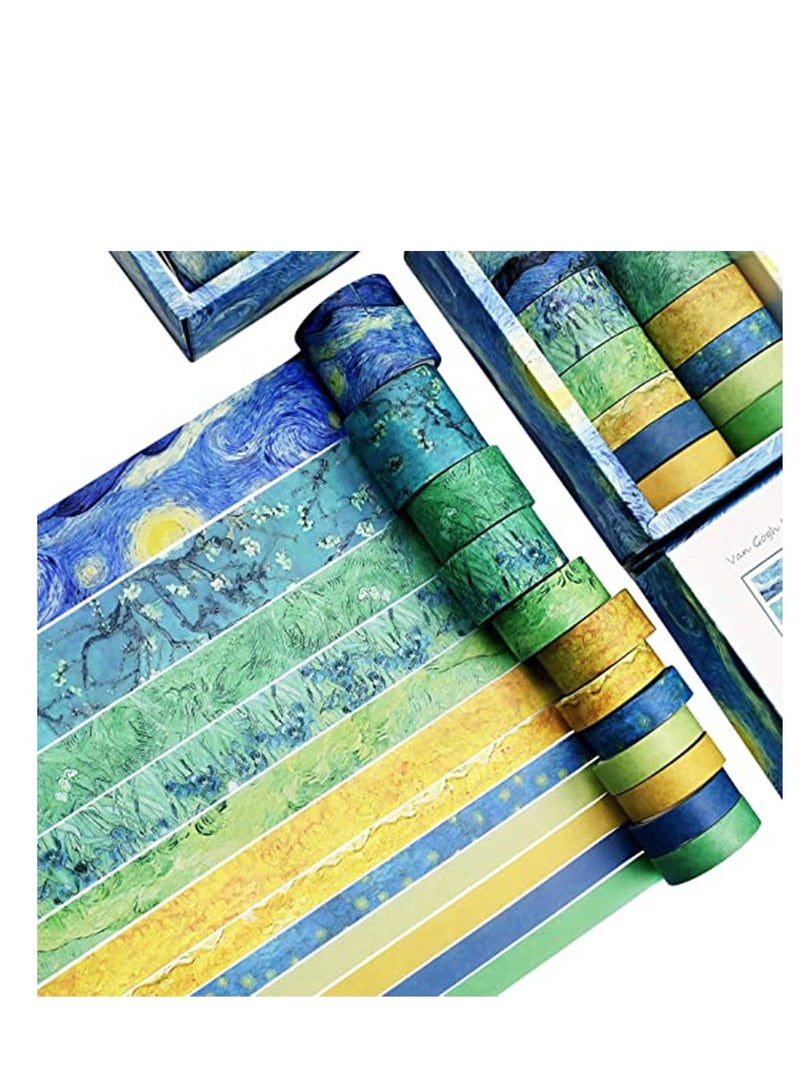 Van Gogh Starry Night, DIY Crafts, Washi Tape Set of 12 Rolls, Decorative Green Leaves Floral Blue Yellow Washi Masking Tape Sets for Craft, Kids, Scrapbook, Diary, DIY, Gift Wrapping