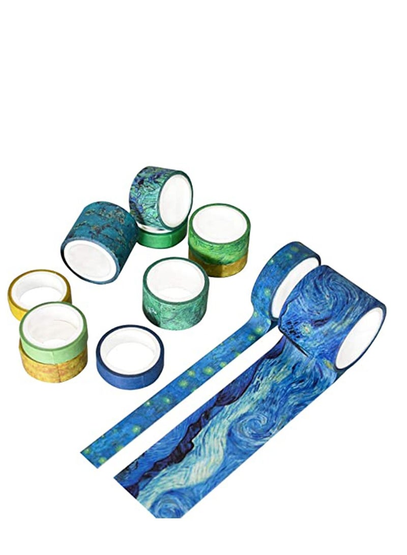 Van Gogh Starry Night, DIY Crafts, Washi Tape Set of 12 Rolls, Decorative Green Leaves Floral Blue Yellow Washi Masking Tape Sets for Craft, Kids, Scrapbook, Diary, DIY, Gift Wrapping