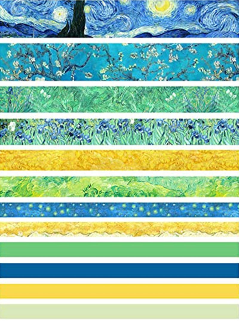 Van Gogh Starry Night, DIY Crafts, Washi Tape Set of 12 Rolls, Decorative Green Leaves Floral Blue Yellow Washi Masking Tape Sets for Craft, Kids, Scrapbook, Diary, DIY, Gift Wrapping