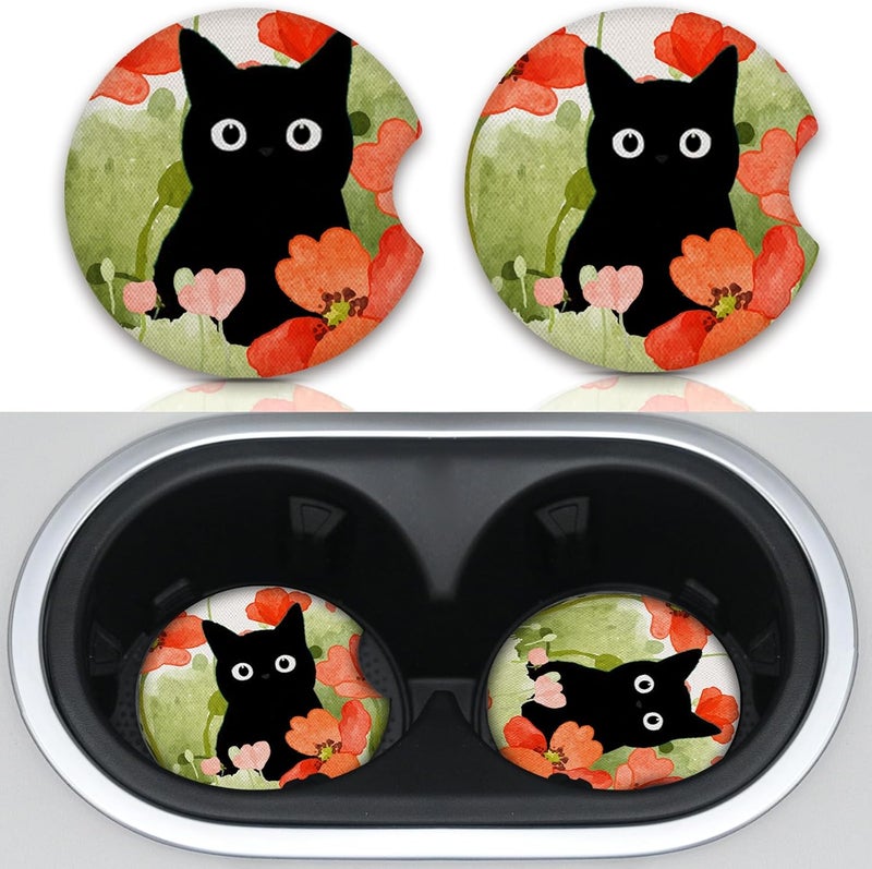 Adastrah Car Coasters for Cup Holders,Balck Cat Cute Car Assecories for Women,Pack of 2 Cup Holder Coasters for Car,2.75" Anti Slip Rubber Car Cup Mat with A Finger Notch. - Image 1