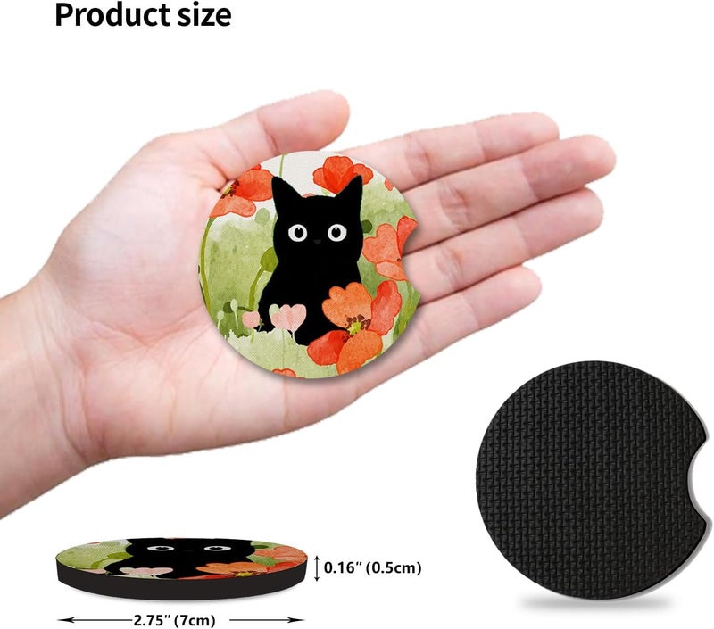 Adastrah Car Coasters for Cup Holders,Balck Cat Cute Car Assecories for Women,Pack of 2 Cup Holder Coasters for Car,2.75" Anti Slip Rubber Car Cup Mat with A Finger Notch. - Image 4