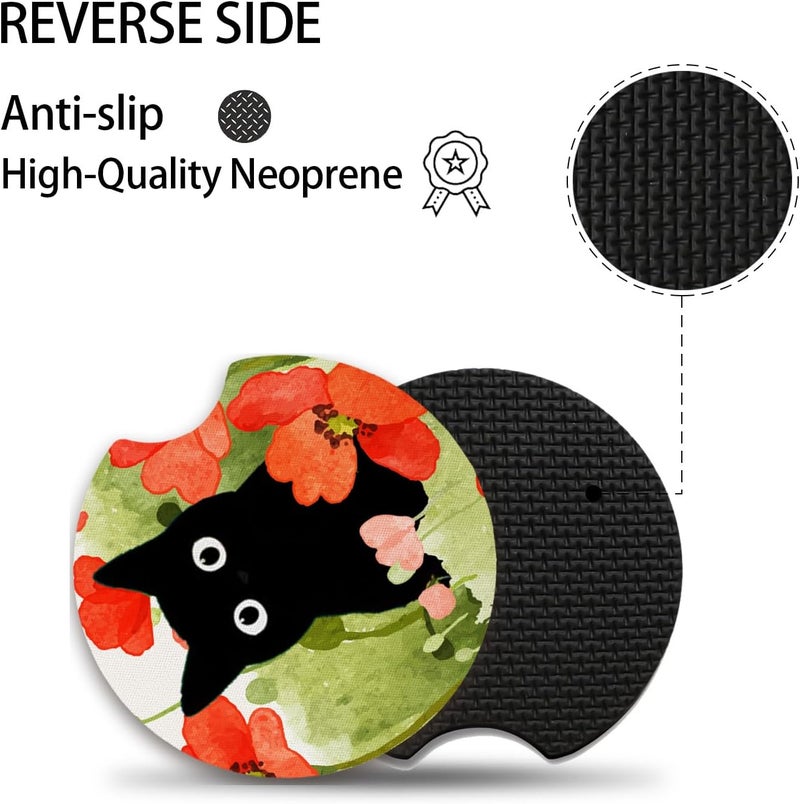 Adastrah Car Coasters for Cup Holders,Balck Cat Cute Car Assecories for Women,Pack of 2 Cup Holder Coasters for Car,2.75" Anti Slip Rubber Car Cup Mat with A Finger Notch. - Image 3