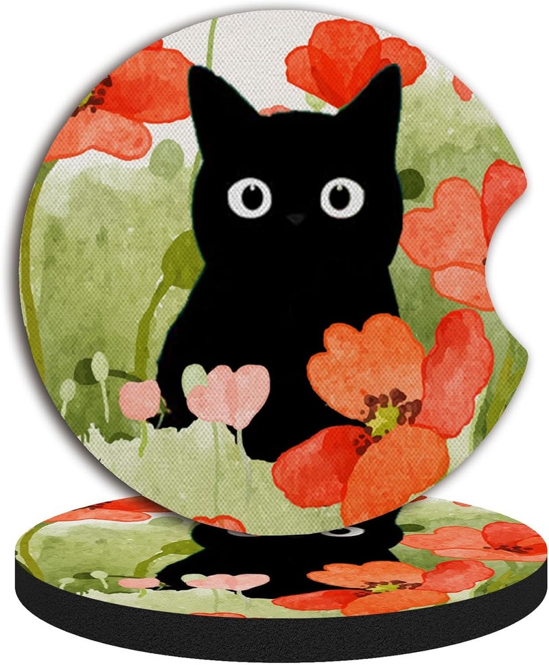 Adastrah Car Coasters for Cup Holders,Balck Cat Cute Car Assecories for Women,Pack of 2 Cup Holder Coasters for Car,2.75" Anti Slip Rubber Car Cup Mat with A Finger Notch. - Image 5
