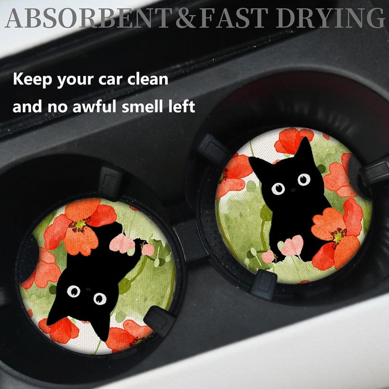 Adastrah Car Coasters for Cup Holders,Balck Cat Cute Car Assecories for Women,Pack of 2 Cup Holder Coasters for Car,2.75" Anti Slip Rubber Car Cup Mat with A Finger Notch. - Image 2