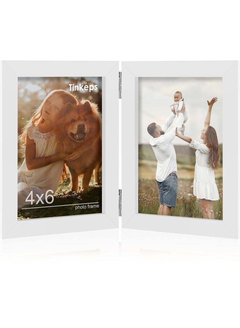 GOOGO Double Photo Frame 6x4, Hinged Folding Picture Frames 4x6 for Tabletop Display, White - Image 1