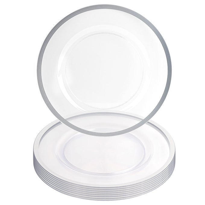 13INCH CHARGER PLATES 8 PACK CLEAR SILVER RIM HEAVYDUTY DISPOSABLE CHARGERS FOR ELEGANT DINING IDEAL FOR WEDDINGS AND FORMAL EVENTS