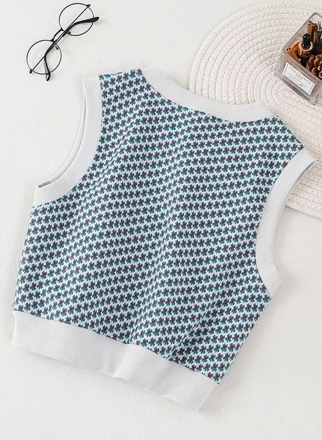 تايك تو Girl's Floral Jacquard V Neck Sleeveless Sweater