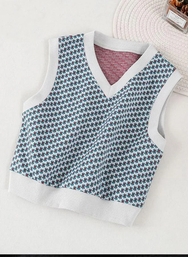 تايك تو Girl's Floral Jacquard V Neck Sleeveless Sweater