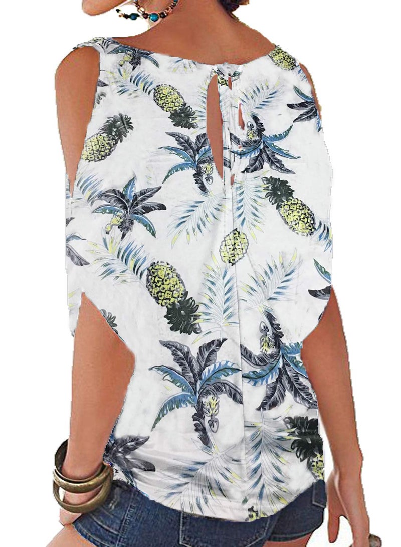 Miselon Women Cold Shoulder O-Neck Short Sleeve Sexy Loose Fit Summer Shirt Blouse Tops (L, White Pineapple) - Image 2