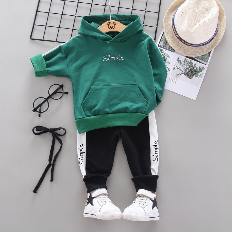 Fashionable New Spring-Autumn Childrens Suit Round Neck Long Sleeve Trousers 2-Piece Set Korean Style Baby Clothing simple Green 