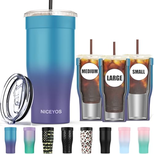Niceyos Universal Iced Coffee Sleeve Upgraded Double Wall Reusable Stainless Steel Holder Sleeves Insulator for Cold Drinks Fits Starbucks Dunkin Donuts McDonalds Small Medium Large Cup Blue Purple - Image 1