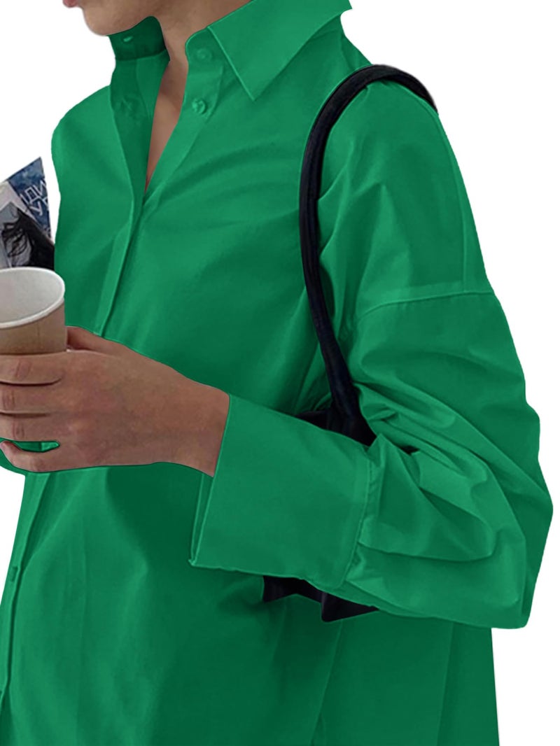 LYANER Women's Casual Shirt Dress Collar V Neck Button Down Loose Long Sleeve Mini Dresses Green Large - Image 3