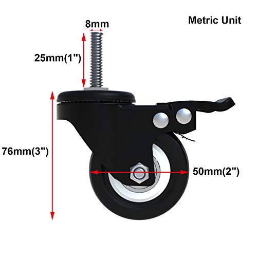 AAGUT 4 Pack 2" Swivel Stem Casters with Brake Lock M8x25mm Stem Caster Heavy Duty PU Rubber Castors, Nuts Included - Image 2